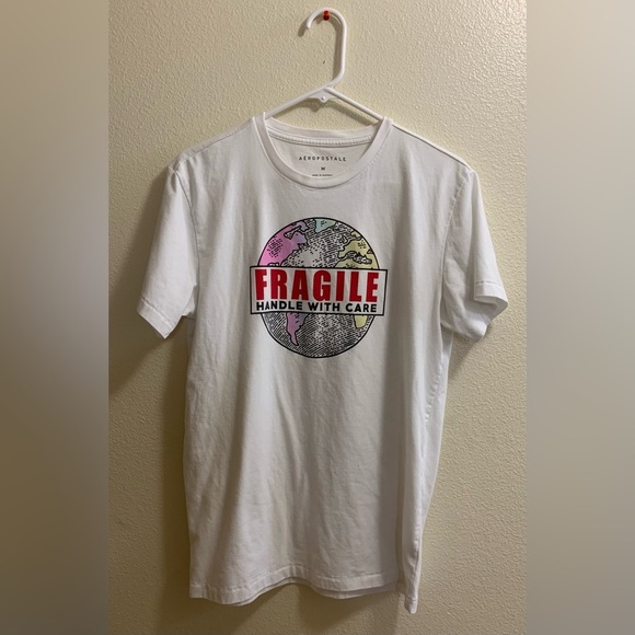 Aeropostale White Fragile Handle With Care Earth Tee Shirt-Men’s Size Medium - Picture 1 of 5
